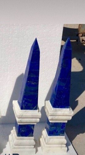 18" Unique Marble Obelisk Handmade Lapis Lazuli Sculpture Mosaic Pair of 2 Piece - Picture 1 of 8