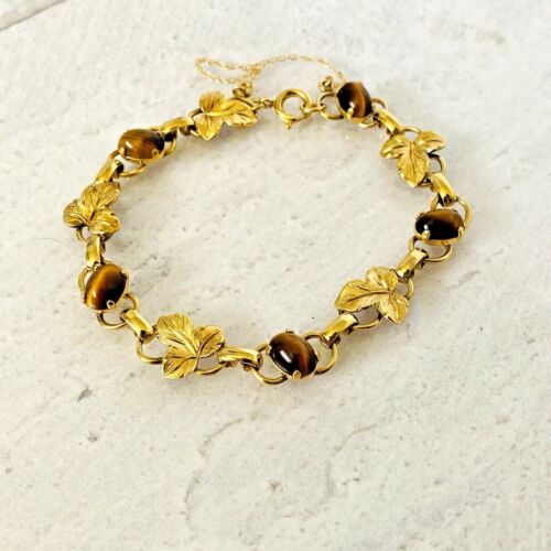 Brazalete vintage de eslabones de hoja rellena de oro con cabujón ojo de tigre 6,75 pulgadas pozos firmados - Imagen 3 de 4