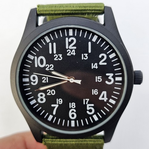 Men Field Watch 42MM Large Black Case Black Dial Army Green Canvas Band Straps - Picture 5 of 16