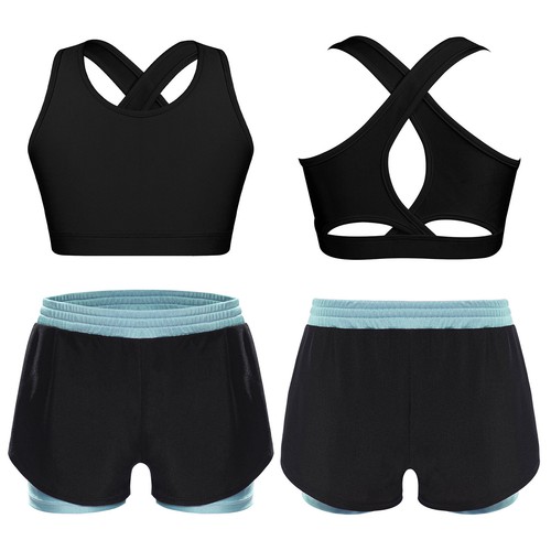 Kids Girls Suit Biking Set Vest Top Outfit Gym Keyhole Cross Back Yoga U Neck - Picture 8 of 26