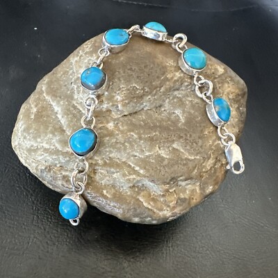 Blue Kingman Turquoise Navajo Sterling Silver Link Bracelet 7  18299