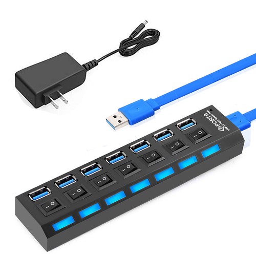 USB 3.0 Hub 7 Port On/Off Switch High Speed Splitter AC Adapter Cable PC Laptop - Picture 9 of 12