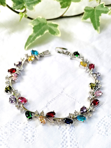 Pulsera de Plata 7" Multicolor Circonita cúbica Cristal Mujer Joyería + Caja de Regalo - Imagen 3 de 3