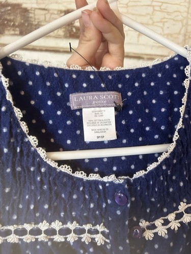 Laura Scott Cotton Blue Flannel Dots Cottage Granny Core PJ Dress Lounge-SM - Picture 3 of 6