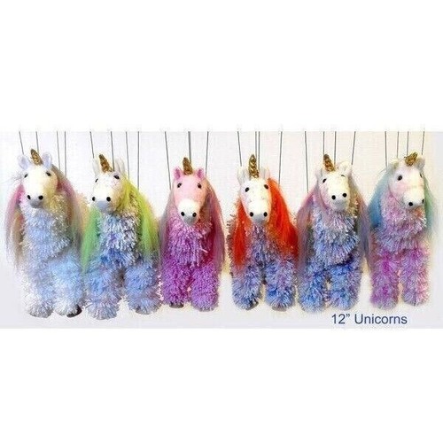 Ein Garn rosa Einhorn mit Regenbogenhaar 4 Bein Schnur Marionette 12" Puppe NP - Bild 1 von 3
