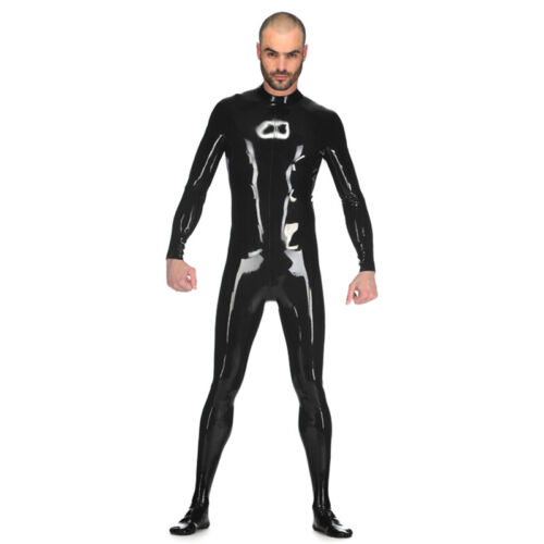 Black Male Latex Catsuit with Anus Condom with Socks Back Zipper Rubber Bodysuit - Picture 3 of 4