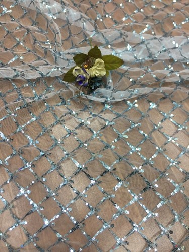 Tela de malla de encaje a cuadros bordado lentejuelas de 1 yarda hágalo usted mismo ropa artesanía transparente delgada - Imagen 12 de 19