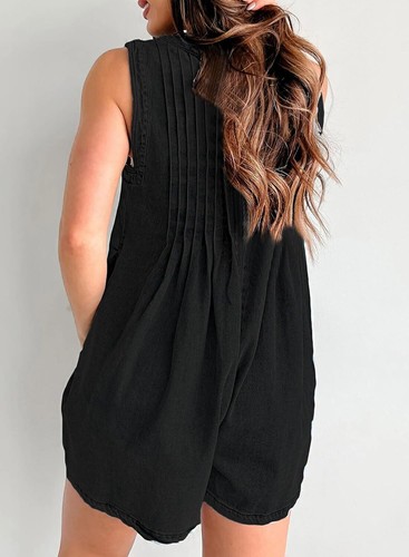 Womens Sleeveless Denim Romper V Neck Tie Front Jean Shorts Jumpsuit Pockets - Picture 15 of 41