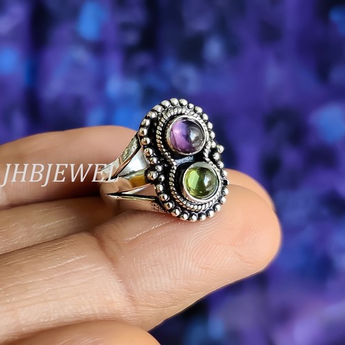 Hermoso anillo estilo mujer plata esterlina 925 piedras preciosas amatista y peridoto hermoso regalo - Imagen 2 de 6
