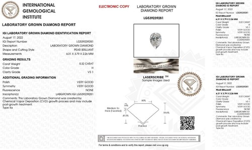 IGI Certified 0.32ct H/VS1 Pear Cut CVD Diamond For Birthday Anniversary - Picture 6 of 6