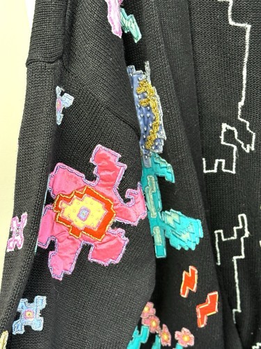 VTG Bonnie Boerer Blk Cotton Graphic Beaded Heavyweight Cardigan Sweater XL/XXL - Picture 13 of 17
