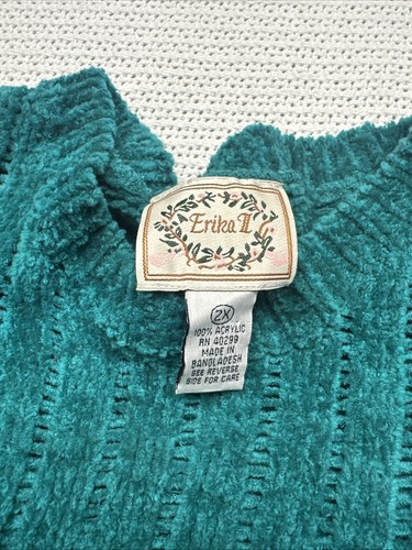 Vintage Erika II Chenille Sweater Blue Cable Knit Ribbed Crew Neck Size 2X - Picture 7 of 7
