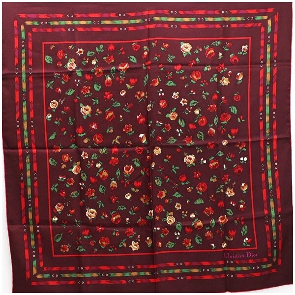 Écharpe authentique Christian Dior marron motif floral utilisé rang Christian Dior