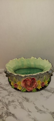 Antik Vintage Jugendstil Barbotine Majolika Blumen Übertopf Vase 11" Bx 8" H - Bild 2 von 10
