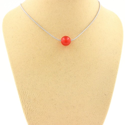 Necklace 1 Red Chalcedony Pearl 8 Mm. Stainless Steel Chain. Women's Necklace