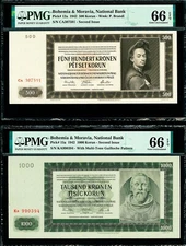 Bohemia & Moravia 500 & 1000 Korun 1942 Pick-12a & 15a GEM UNC PMG 66 EPQ
