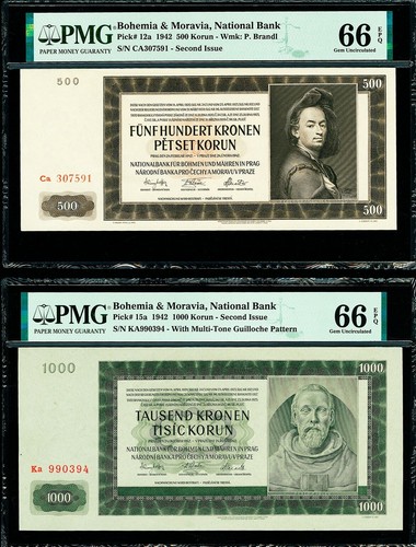 Bohemia & Moravia 500 & 1000 Korun 1942 Pick-12a & 15a GEM UNC PMG 66 EPQ - Picture 1 of 2