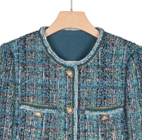 Chaqueta de tweed verde azulado hecha a mano para mujer Blazer grueso Boucle botones dorados - Imagen 7 de 8