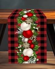 Christmas Table Runner 13x108in Woven Polyester Red  Black plaid w/ Garland