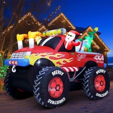 8 FT Long Santa in Monster Truck Christmas Inflatables Outdoor Decorations, C...