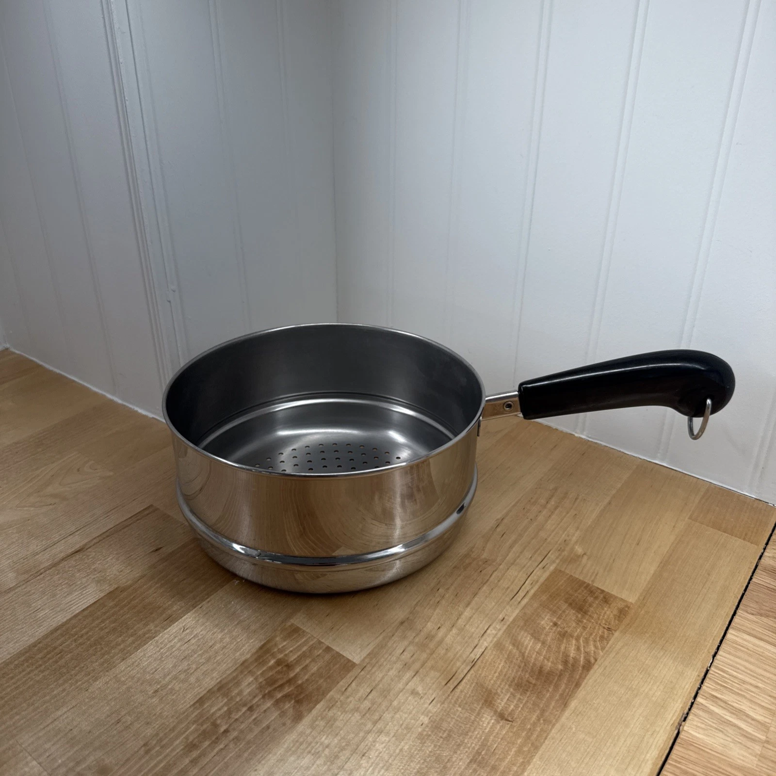 Vintage Revere Ware Style Stainless Steel Steamer Insert Pot Bakelite Handle 2Qt
