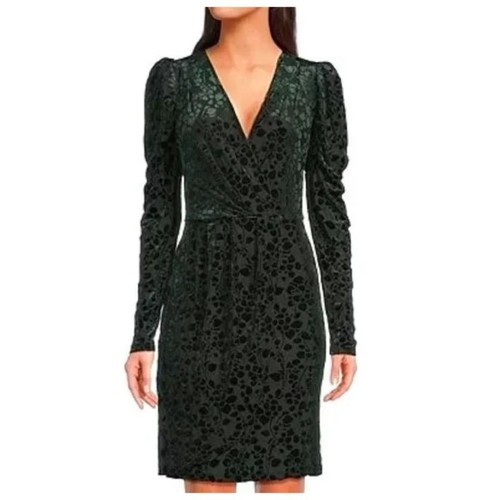 Vestido floral Tommy Hilfiger para mujer manga abullonada cuello en V terciopelo burnout talla 14 verde - Imagen 2 de 11