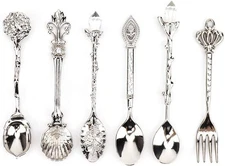 Fdit 6Pcs/Set Vintage Carved Coffee Spoon Teaspoon Retro Zinc Alloy Silver 