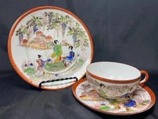 Nippon Japan Eggshell Porcelain Trio Set Geisha Bone China Tea Cup Saucer Plate