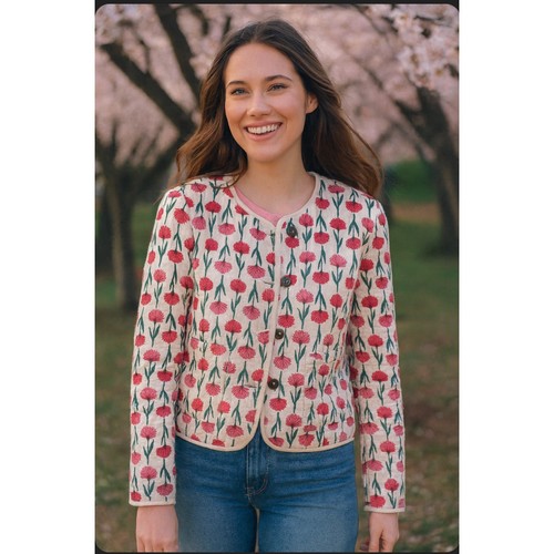 Chaqueta Floral Acolchada J.Crew Rosa Rojo Flores Botón Frontal Algodón Abrigo Mediano 8 - Imagen 1 de 10