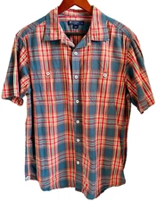 DANIEL CREMIEUX Men's XL Red & Blue Plaid Cotton Short Sleeve Button Down Shirt
