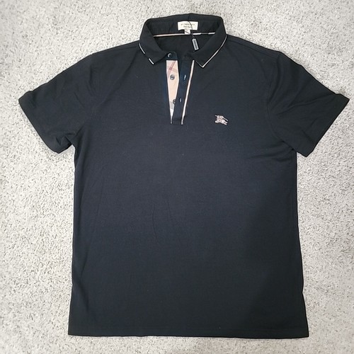 A++++ Burberry London Polo Shirt Mens XL Black Short Sleeve Plaid Trim (A2)