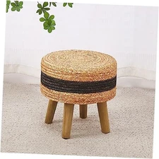  Round Ottoman Natural Seagrass Footstool Hand Weave Water Hyacinth Poufs Black