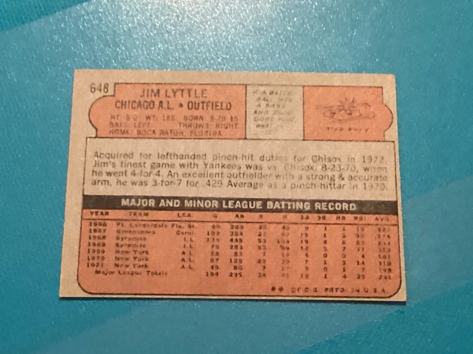 1972 Topps Jim Lyttle Semi-High Number #648 - Near Mint - Great Corners - - Image 2 of 2