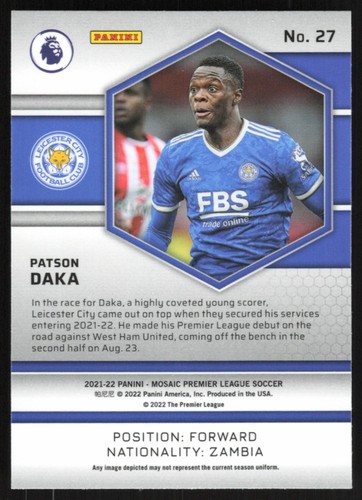 Patson Daka 2021 Panini Mosaic Premier League # 27 Leicester City Base - Picture 2 of 2