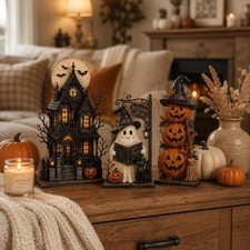 Haunted House Ghost Pumpkin Sign, Wooden Block Halloween Decor