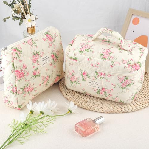2Pcs Cotton Quilted Makeup Bag for Women Extra Large Small Travel CI 2Pcs Pink - Bild 3 von 6
