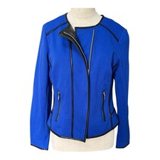 INC International Concepts Blue Moto Jacket Size M Faux Leather Trim Zip Pockets