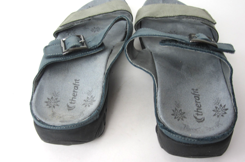 Therafit Slide Sandals Leather Slip On Women's Size 9.5-10 Blue Taupe Suede - Picture 4 of 6