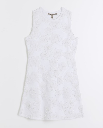 River Island Womens Mini Dress White Sleeveless Floral Overlay Crew Neck - Picture 10 of 11