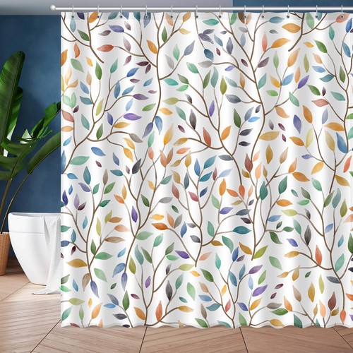 Boho Leaf Floral Shower Curtain, Spring Summer Modern Colorful Botanical Leav...