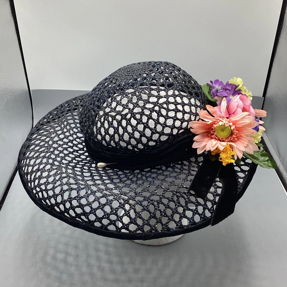 Sombrero de sol vintage de malla negra para mujer con ribete floral púrpura Foto 3 de 4