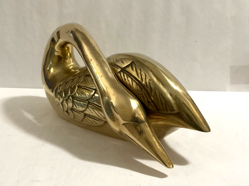 Vintage 7.9 LBS Solid Brass Swan Bird Sleeping Position 16" Long Sculpture - Picture 6 of 7