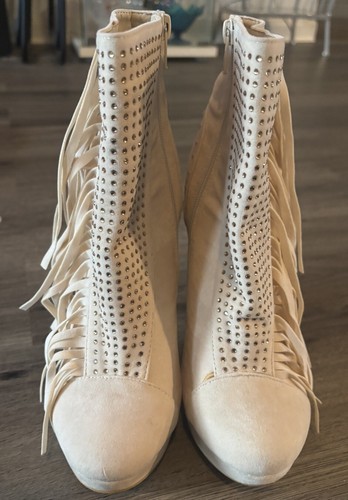 Women's Alba Rhinestone & Fringe Side Zip Boots Heels Micro Fiber Upper Size 8 - Picture 3 of 8