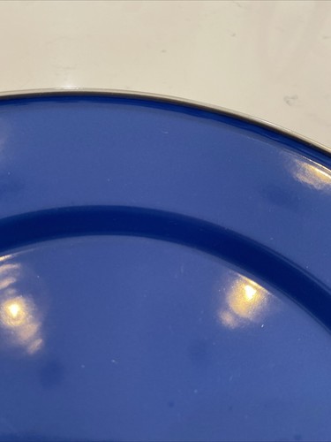 Set of 4 Pottery Barn Enamel Metal 10 1/4” Navy Blue Charger Silver Trim Plates - Picture 6 of 7