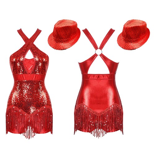 Damen Tanzkleidung Fransen Set weiche Outfits Samba mit Hut Quaste Kleid Glitzer - Bild 28 von 79