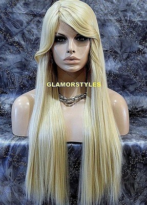 Long Straight Human Hair Blend Bleach Blonde Full Wig Heat Ok Hair