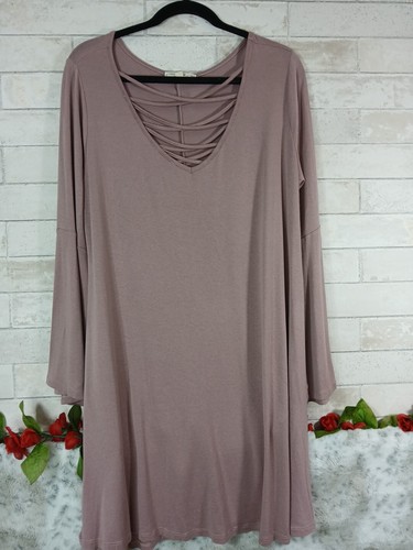 No Comment Women Plus Size 1X dusty rose Dress Boho Bell Long Sleeves