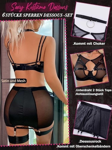 Popiv 6 Piece Lingerie Skirt Strappy Cutout Stretchy High Waist Garter Set - Picture 15 of 19
