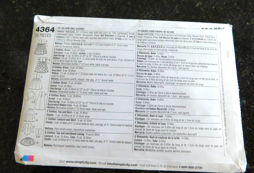 NEW uncut Simplicity Sewing Pattern 4364 18" Doll Clothes for American Girl, etc - Picture 2 of 2