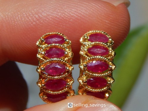 14K YELLOW GOLD 1.50 TCW RUBY THREE TIER 6/10th INCH OMEGA BACK EARRINGS - Picture 10 of 11